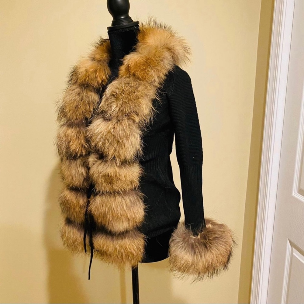 Real raccoon fur cardigan genuine fur collar trench coat parka jacket wool blaze - Picture 11 of 16